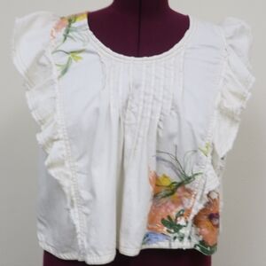 Anthropologie White Floral Ruffle Blouse